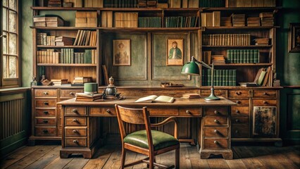 Obraz premium Vintage workspace with antique desk covered in old books and handwritten notes