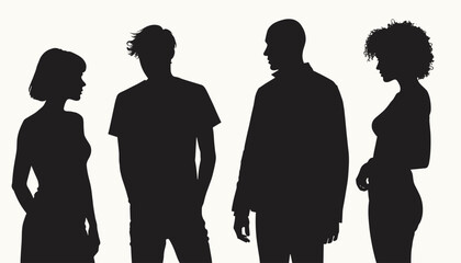 Silhouettes of diverse individuals in conversation, with a white background, capturing an engaging and thoughtful moment.
