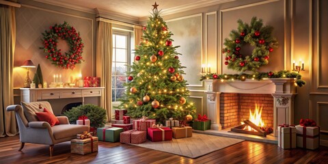 A cozy home interior decorated for Christmas with a beautifully adorned tree, surrounded by presents