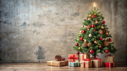 Christmas tree and pile of gifts with space for text on concrete background