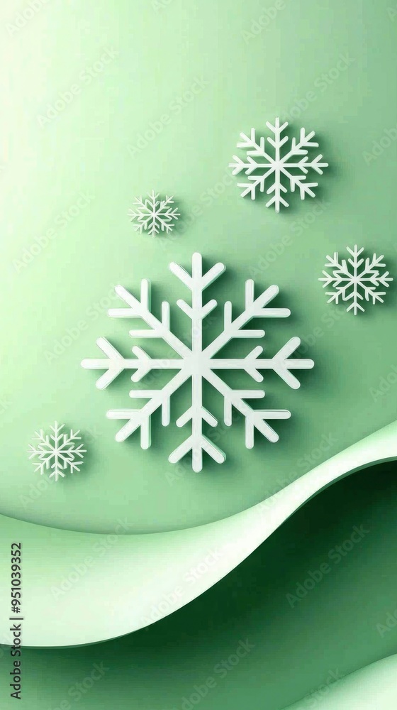 Wall mural abstract green and white snowflake background