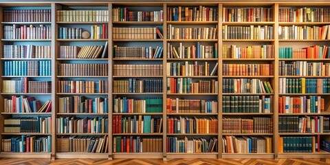 A collection of reference materials and books displayed on the shelves