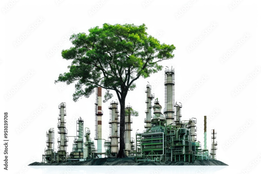 Poster an oil refinery with a tree standing in front, suitable for use in environmental or industrial conte