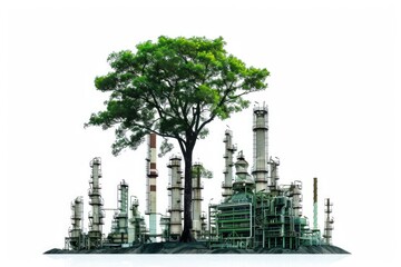 An oil refinery with a tree standing in front, suitable for use in environmental or industrial contexts