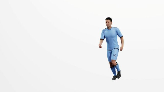 3D animation of a soccer player character jogging on a solid white background. Perfect for sports, fitness, or athletic-themed video projects.