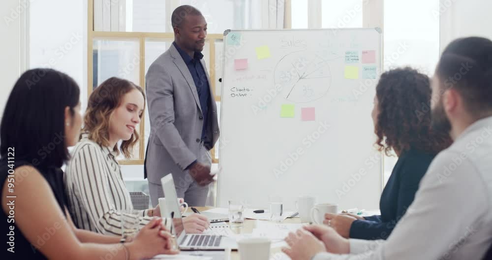 Poster sales presentation, black man or speaker by a board for teaching, chart or skill development in meet
