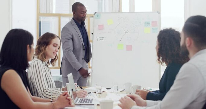 Sales presentation, black man or speaker by a board for teaching, chart or skill development in meeting. Project, workshop or boss talking in mentorship, training or coaching a team to learn business
