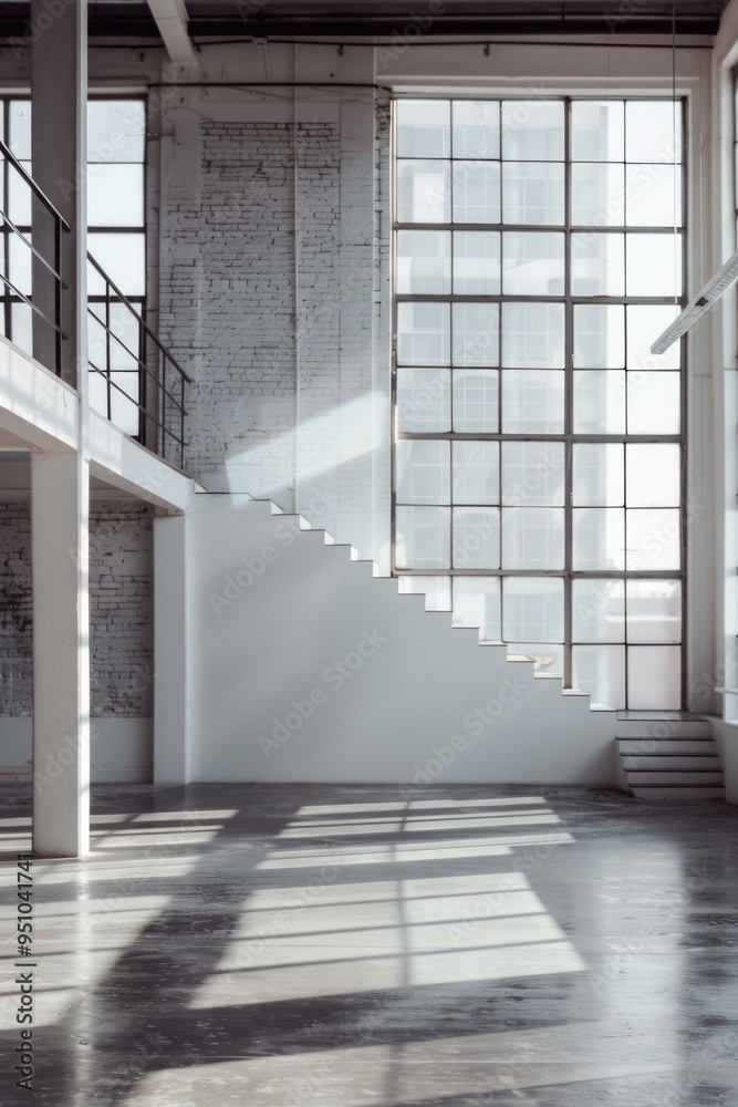 Poster A simple empty room with a staircase and windows, suitable for various uses