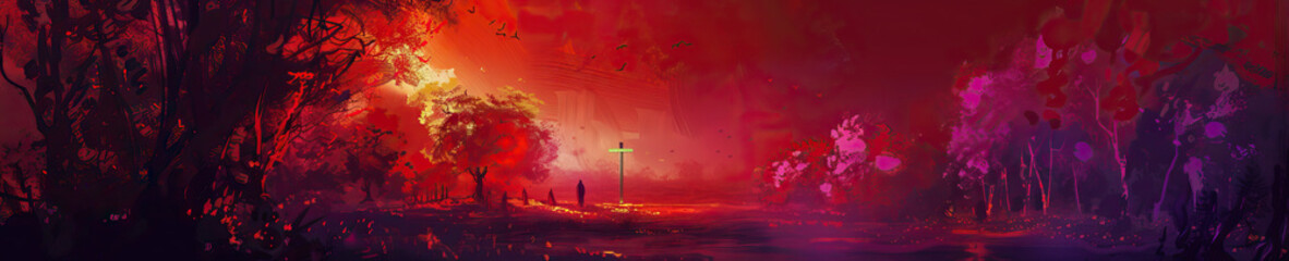 A richly colored abstract representation of the Garden of Gethsemane, with deep reds and purples symbolizing the anguish and struggle of Jesus's final hours.