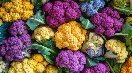 A vibrant collection of colorful cauliflowers. This image is perfect for articles about healthy eating, seasonal produce, or vibrant color palettes.