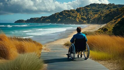 A wheelchair user enjoying a scenic boardwalk along the beach, - Powered by Adobe