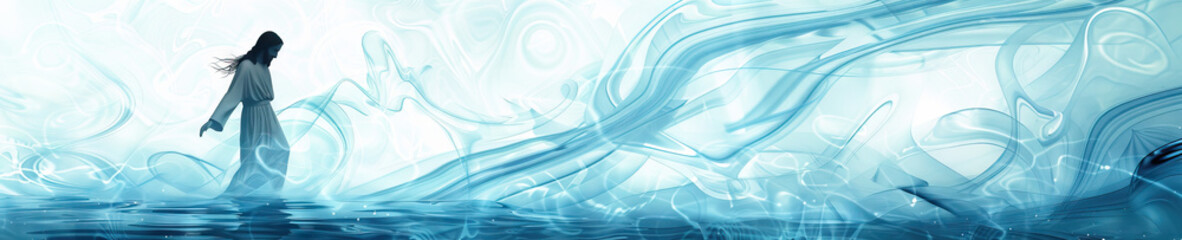 Fototapeta premium An ethereal image of Jesus walking on water, his figure emerging from a sea of abstract swirls in shades of blue and white.