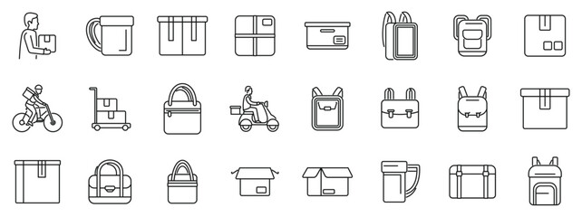 Obraz premium Case courier icons set. Delivery service icons showing delivery man delivering packages with backpacks and boxes