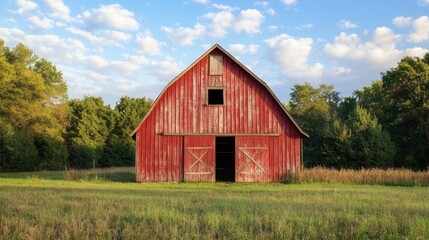 A red barn stands in a grassy field. Perfect for rustic or farm-themed designs.