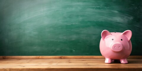 School theme with abc's and pink piggy bank in front of chalkboard in background