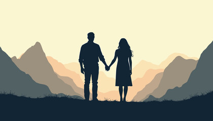 Silhouette of a couple holding hands at sunset with mountain range in the background.