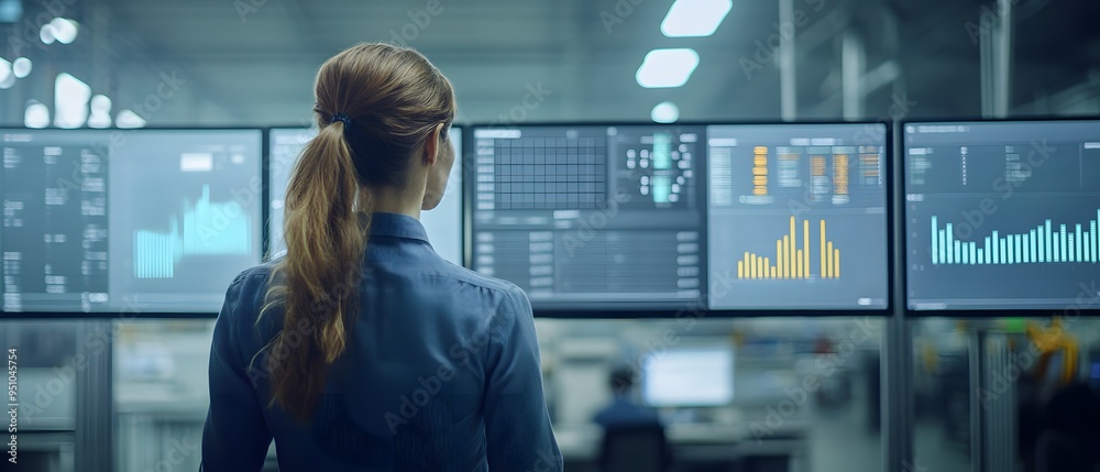 Poster back view of a professional woman monitoring multiple data screens in a modern control room, emphasi