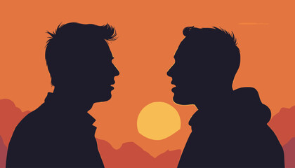 Silhouettes of two men facing each other against a vibrant sunset background with mountains.