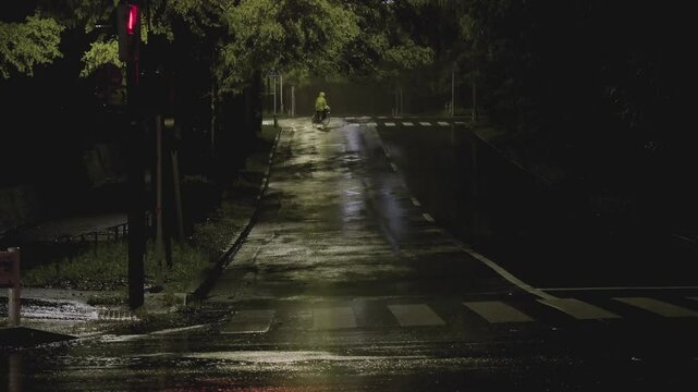 Tokyo, Japan -August 31, 2024: A bicycle running in heavy rain at night