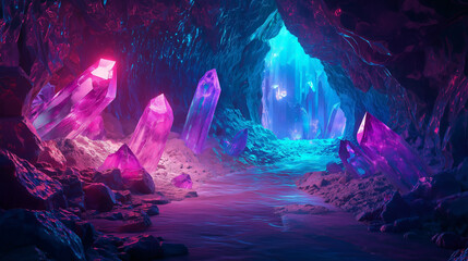 Obraz premium A glowing crystal cave with shimmering walls, mysterious and magical, fantasy glowtime, exploration of hidden realms