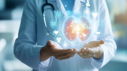 Doctor holding virtual icons representing various human organs including brain, lungs, heart, liver, kidneys, and intestines, illustrating the life-saving concept of organ donation and transplantation