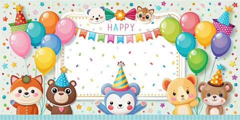 Fototapeta premium Birthday anniversary numbers with cute animals birthday party invitation card template featuring colorful balloons, confetti, and festive decorations