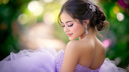Intimate portrait of a young Mexican woman posing in a lilac quinceañera dress, captured with a Sony α7 III camera using an 85mm lens at F1.2 aperture, featuring dreamlike lighting with soft sunlight 