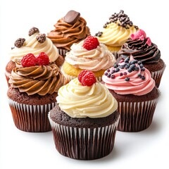 Assortment of delicious cupcakes, bakery, sweet treats, frosting, clipart, white background, high quality