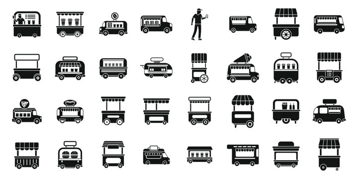 Cafe wheels icons set. Street food trucks and kiosks offering delicious food and drinks