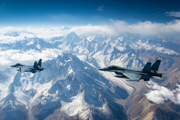 Military jet flying over snow-covered mountain range under clear blue sky