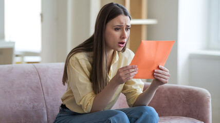 A woman with long brown hair is seated on a light red couch in a room. She holds an orange envelope in her hands and appears to be reading its contents with a surprised or concerned expression.