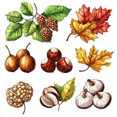 Colorful autumn chestnuts, fall, nature, seasonal, clipart, white background, high quality
