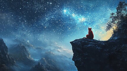 Red cat perched on the edge of a cliff gazing into a mesmerizing silvery-blue starry sky, creating a serene and fantastical nighttime scene filled with wonder and tranquility.