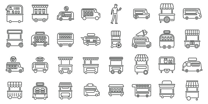 Cafe wheels icons set. Set of various street food icons featuring food trucks, food carts, and a street vendor serving customers