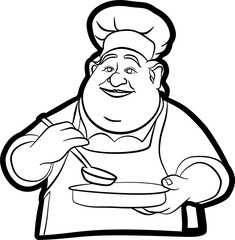 Funny restaurant chef with pan and spoon logo mascot illustration