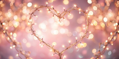 Fototapeta premium Bokeh sparkling garland lights forming heart shapes on pastel pink background for Valentine's Day love concept