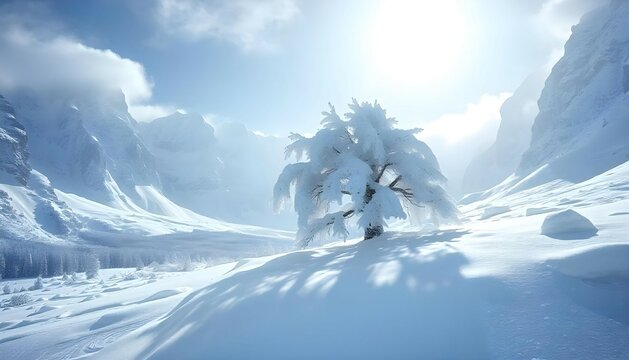 A stunning snowy landscape in high definition, featuring a solitary tree blanketed in snow and ice. The background consists of towering, snow-covered mountains, with the sun shining brightly above, ca