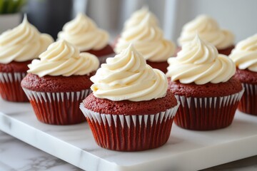 Red velvet cupcakes with white frosting. Perfect for a sweet treat, birthday celebration, or special occasion.