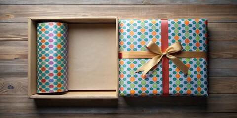 Obraz premium Top view of open box with mockup wrapping paper for gift packaging
