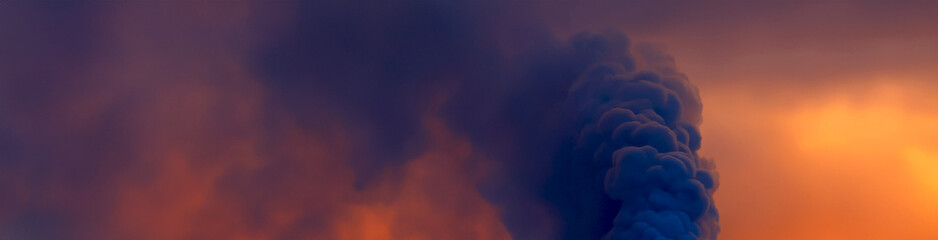 Dramatic Smoke Plume Against an Orange and Purple Sky,A powerful and dramatic image showcasing a dense plume of smoke rising against a sky painted in deep orange and purple hues. The contrast between 