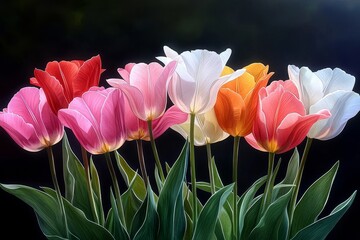 Delicate watercolor painting of a blooming tulip garden, high-quality, floral elegance, vibrant and elegant blossoms