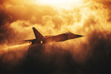 A fighter jet flies through the clouds with rays of sunshine in the background