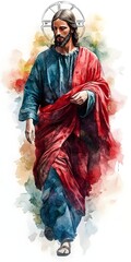 Fototapeta premium A watercolor painting of a man wearing a blue and red robe, with a halo above his head, looking down with a thoughtful expression.