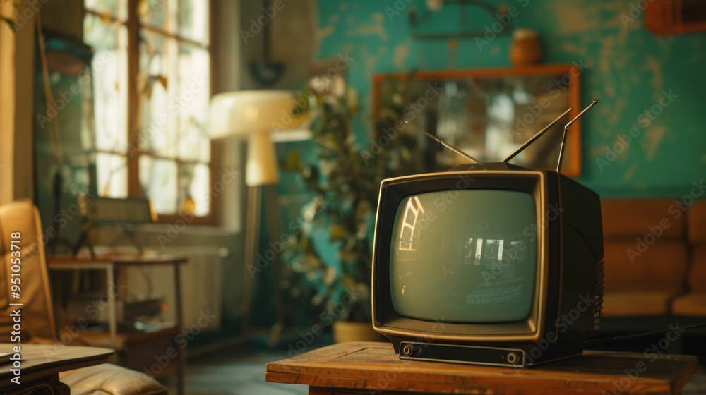 Poster a vintage television set sits atop a rustic wooden table, perfect for decorating a retro-themed room