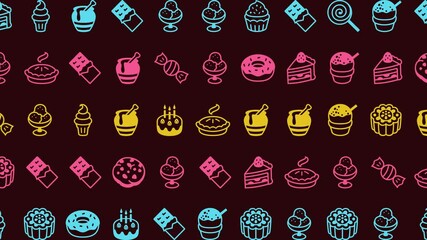 A stop-motion animation featuring colourful sweet icons like cupcakes, donuts, candies, and cakes in pastel hues of blue, yellow, and pink on a brown background. Dessert pattern, loop animation. - Powered by Adobe