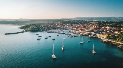 Obraz premium Coastal Town Serenity: Aerial View of Boats in a Crystal-Clear Harbor