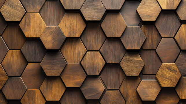 Abstract luxurious geometric hexagon wood background banner 3d texture background - brown rustic rough wooden hexagonal shape decor wall panele wallpaper, seamless pattern. Geometric. Illustration