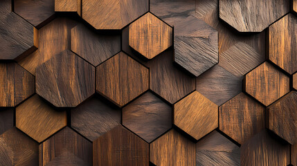 Abstract luxurious geometric hexagon wood background banner 3d texture background - brown rustic rough wooden hexagonal shape decor wall panele wallpaper, seamless pattern. Geometric. Illustration