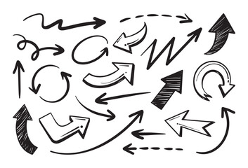 Black and white hand drawn arrows with diverse shapes and directions on white background. Vector cartoon illustration