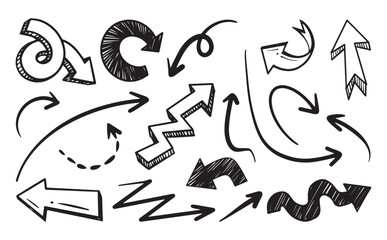 Hand drawn arrows with varied shapes and directions, including zigzag and curly lines. Vector cartoon illustration